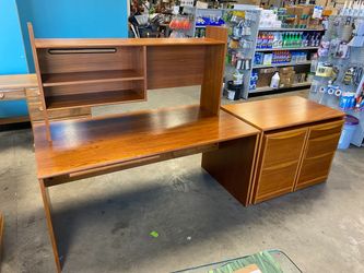 Danish Modern Teak Desk with Shelving Hutch and File Cabinet with Desk Extension Cover (Set of 5)