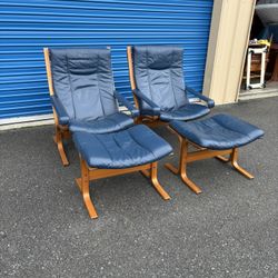 Mid Century Modern Norwegian Teak And Leather Westnofa Siesta Arm Chairs With Ottomans