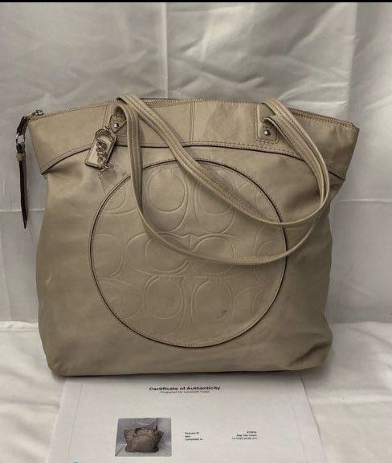 Coach Laura Signature F18336 Embossed Leather Taupe Tote Bag w COA