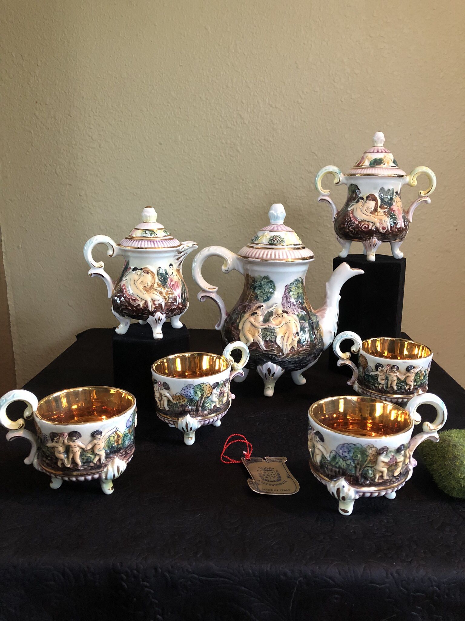 Antique Italian Capodimonte Tea Set 7 Pieces Vintage Teapot Creamer
