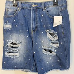 Studded Distressed Denim Women's Large Shorts