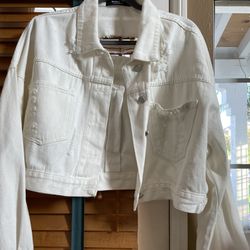 White Jean Distressed Fringe Jacket