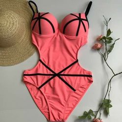 Peach blk trim onepiece swimsuit bathingsuit Size Xs