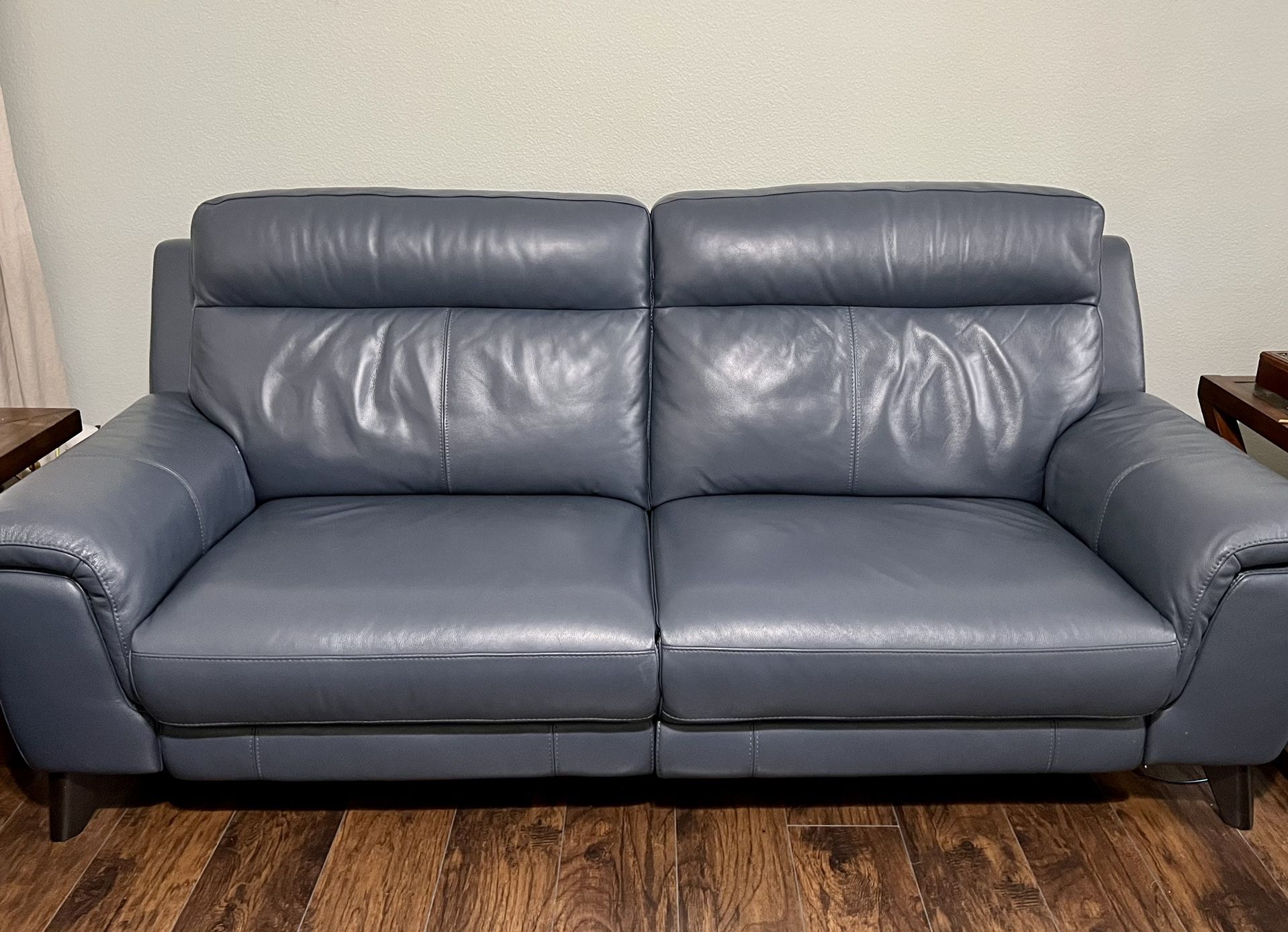 Living Spaces - Moana Blue Leather Dual Power Reclining Sofa & Loveseat Set With USB