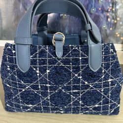 Blue Tweed, Fabric And Leather Tote Bag