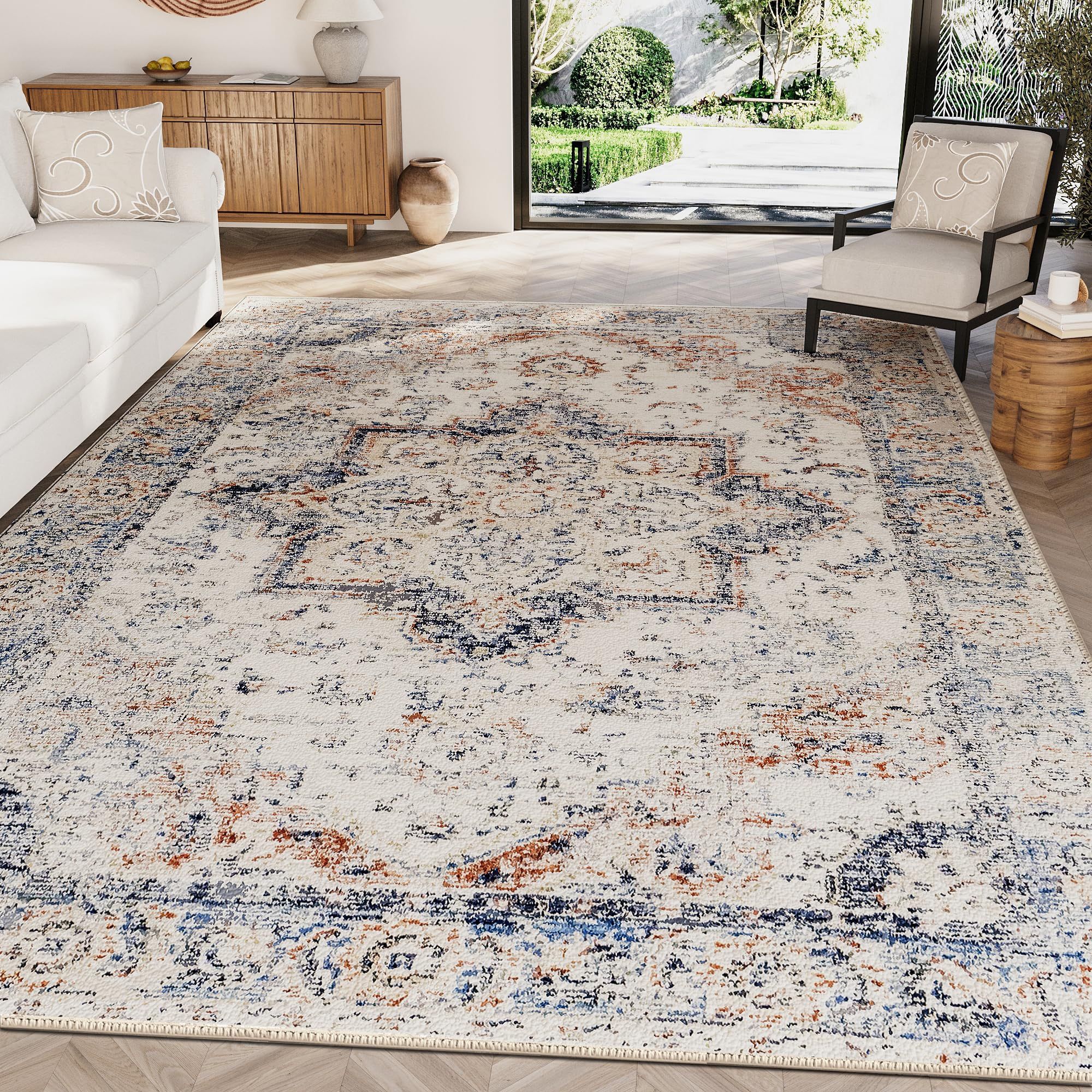 5' x 7' Nonslip, Non Shedding Washable Soft Area Rug, Shades of Ivory, Reds Browns, Blues, NEW