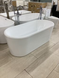 63” freestanding tub, end drain, acrylic, glossy white, available for pick up
