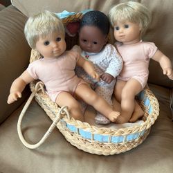 American Girl Bitty Baby Bassinet,  Twins (few Marks), Baby Doll ((has One Silver Eye)