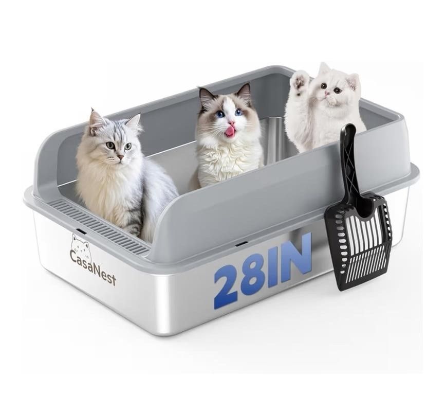 XXXL Stainless Steel Cat Litter Box with Lid 28.1''×20.5''× 10.1” Extra Large Metal Cat Litter Box f