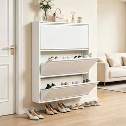 Shoe Storage Cabinet with 3 Flip Drawers, Hidden Wall Mounted Slim Shoe Rack Cabinet, Metal Narrow Shoe Cabinet for Entryway Hallway Small Spaces