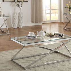 Brand New Chrome Glass 3pc Coffee Table Set