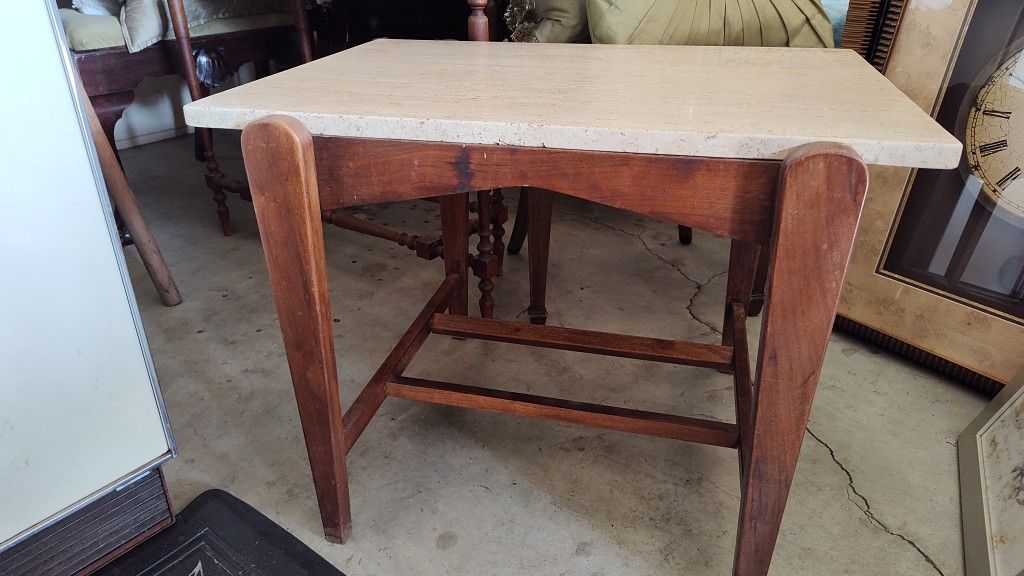 Mid-century Wood Table With real Travertine Marble