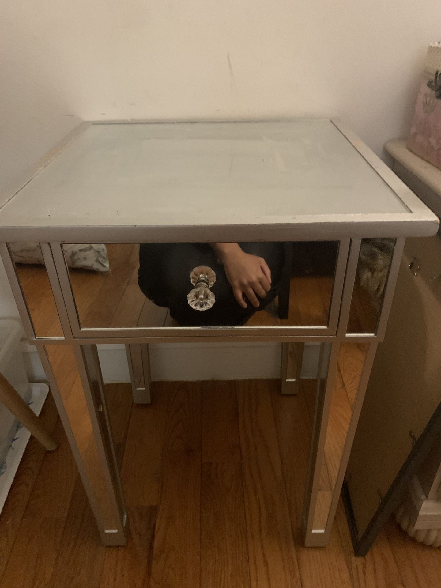 Mirrored Nightstand with Crystal Knob – Glam Style – Needs TLC