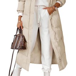 Grlasen Women Long Quilted Coat Winter Hooded Long Sleeve Button Down Puffer Padded Jacket
