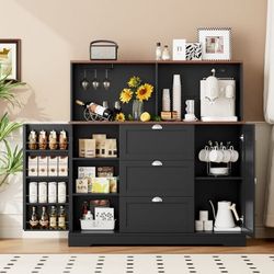 Coffee Bar Cabinet with Hutch, 47.2" W Kitchen Buffet Sideboard Cabinet with 3 Drawers & USB Power Station, Black