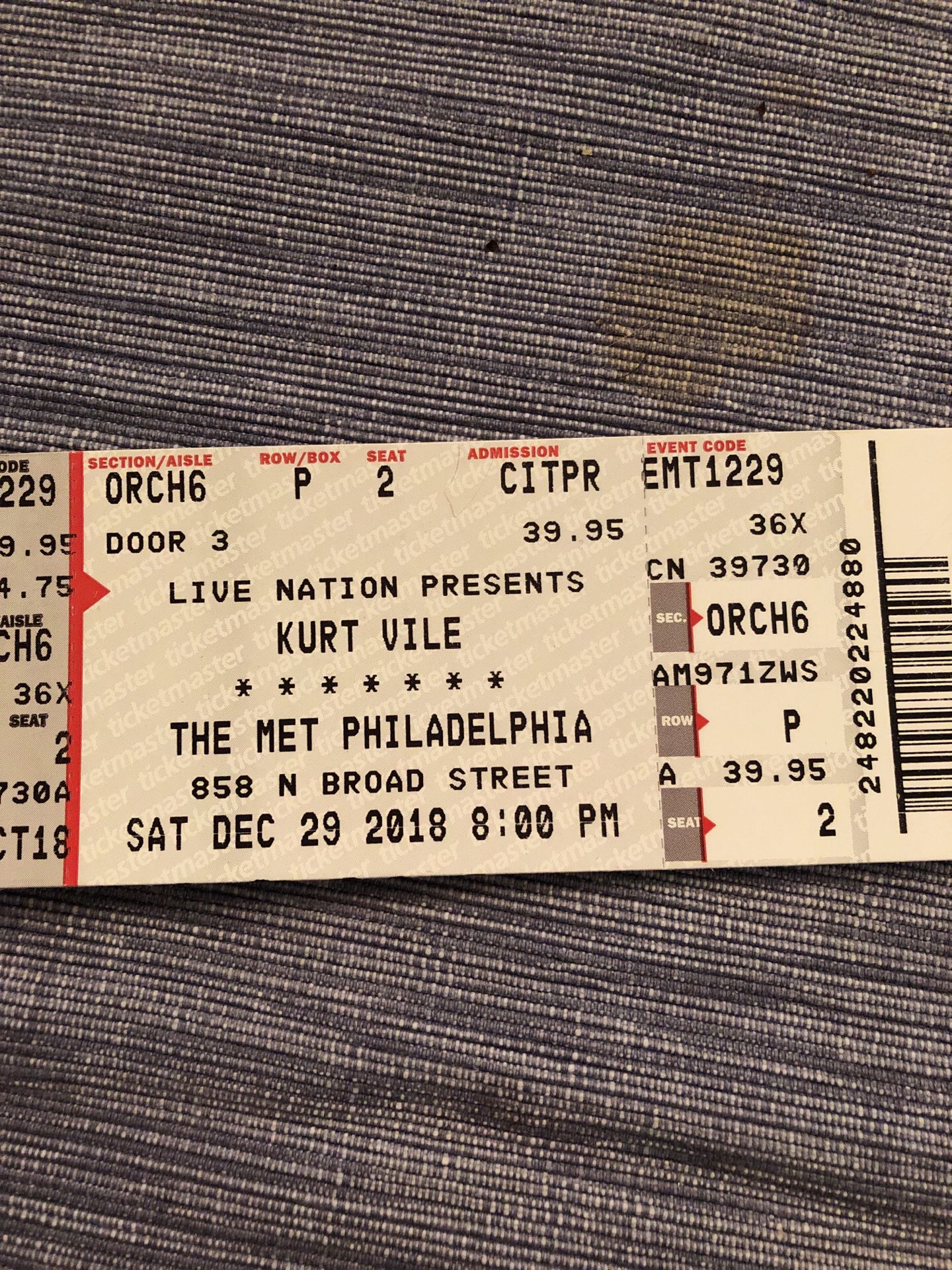12/29 Kurt Vile @ the Met in Philly (Orch6 Row P Seats 1&2)