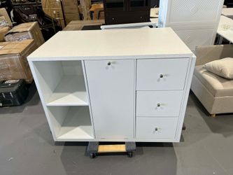 White Kitchen Island With Storage, Stationary Island Table With Painted Stone Countertop, Trach Can Storage