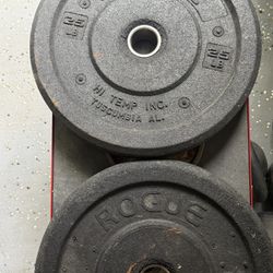 Rogue bumper plates + Olympic barbell + collars – used – Hollywood pickup