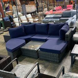 Only $250!!! Assembled Set Of 6pcs In Gray Frame/Navy Blue Cushions 