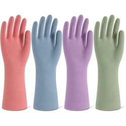 Rubber Cleaning Gloves for Dishwashing, 4 Pairs Reusable Kitchen Gloves for Washing Dishes and Household Cleaning, Colorful Dish Gloves with Flocked L
