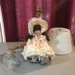 2 Brand New Old Stock Matching PAIR Of Porcelain Doll Lamps With Shade Boxed