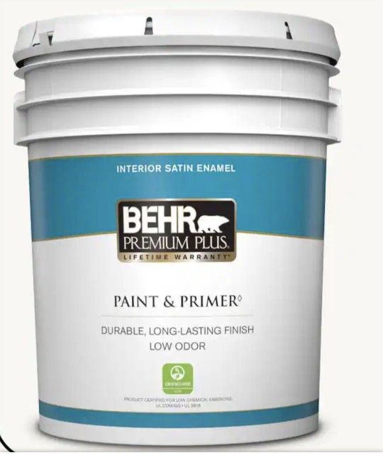BEHR PREMIUM PLUS
5 gal. Ultra Pure White Satin Enamel Low Odor Interior Paint & Primer