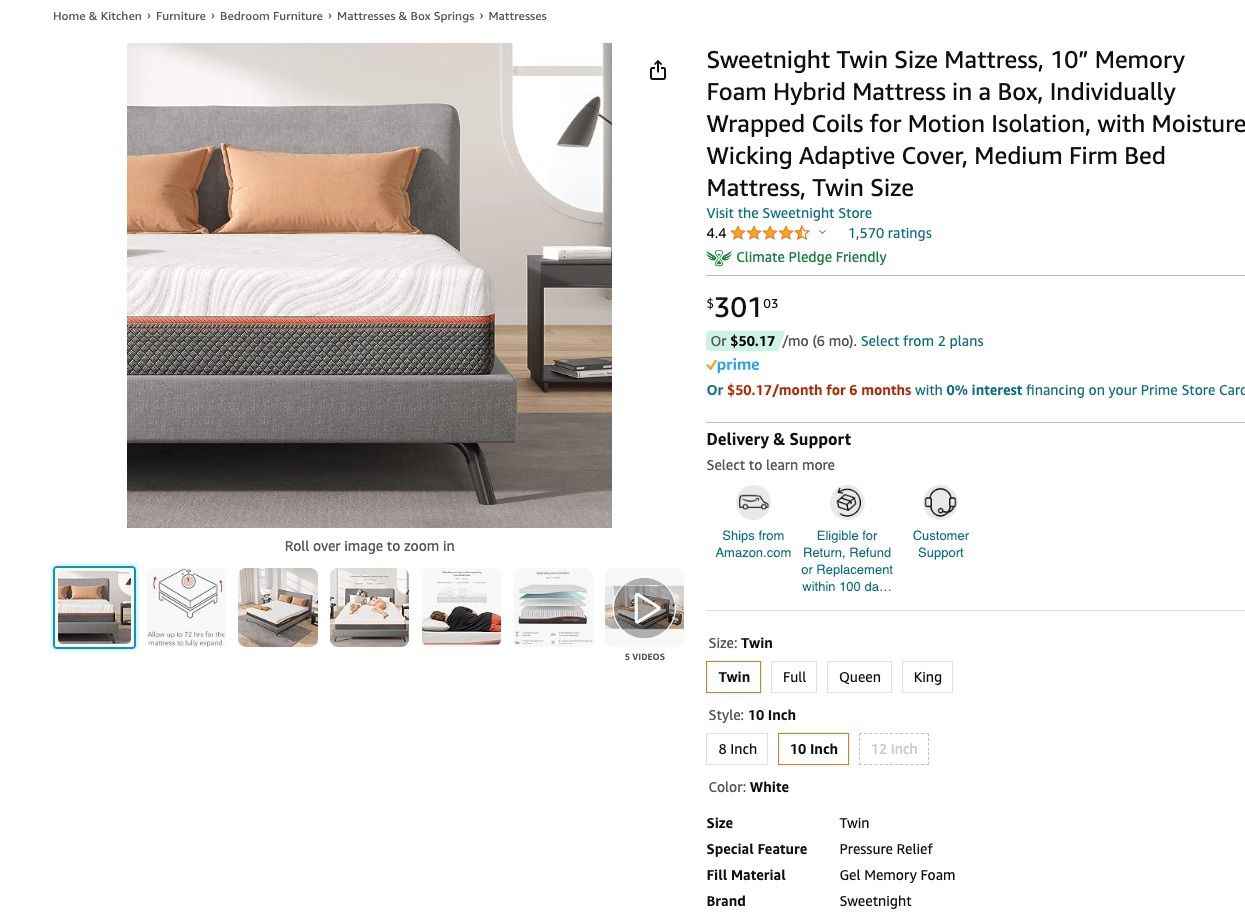 Sweetnight Twin Size Mattress, 10” Memory Foam Hybrid Mattress NEW in a Box