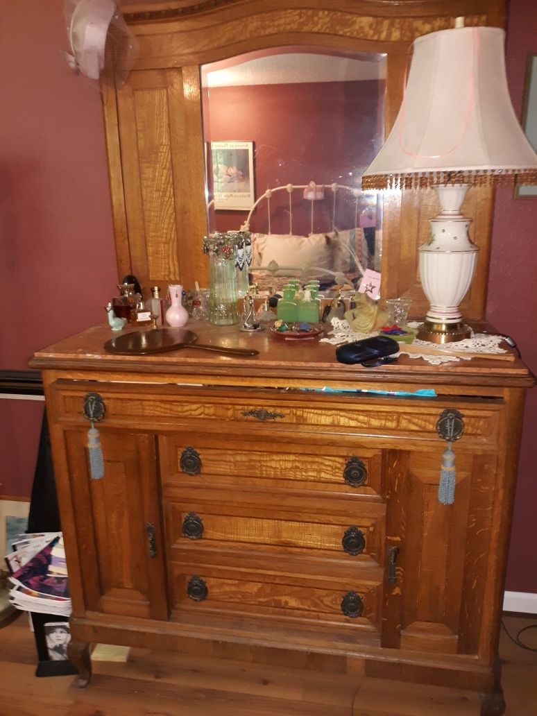 Antique French Oak Bedroom Suite w Pink Marble