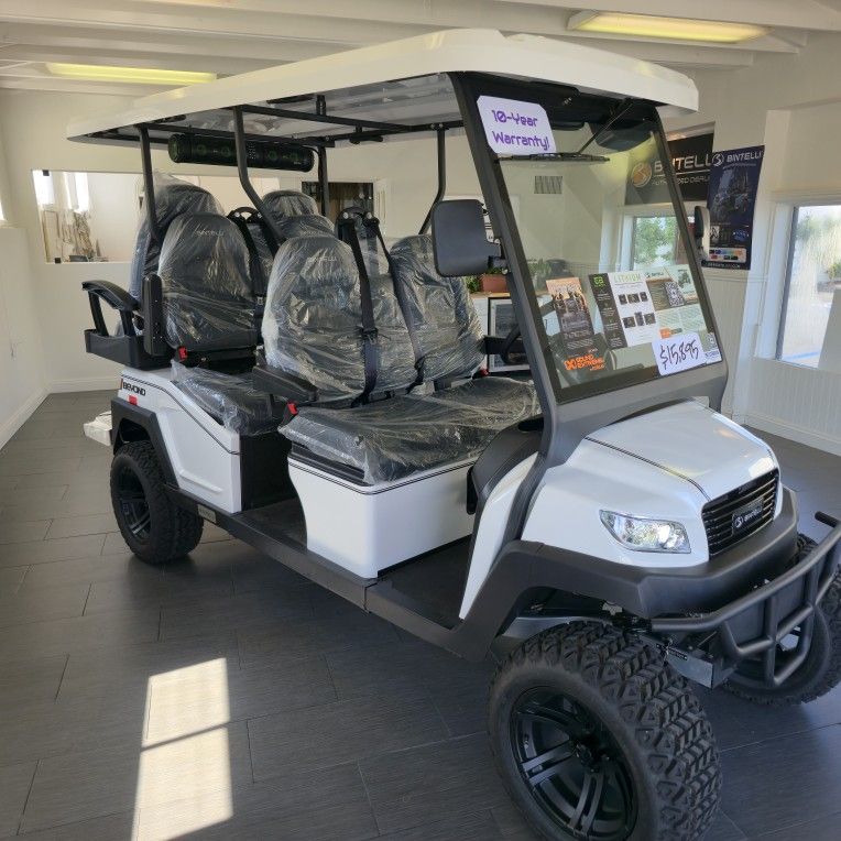 10-YEAR WARRANTY! 2025 Bintelli Beyond 6-Passenger Lifted 48-Volt Lithium Street Legal LSV Golf Cart