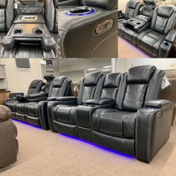Party Time Midnight LED Power Reclining Living Room Set with Adjustable Headrest ( Sofa and Loveseat