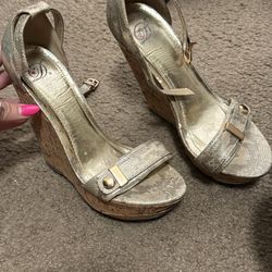 Women’s Gold And Snake Skin Wedges Size 8.5