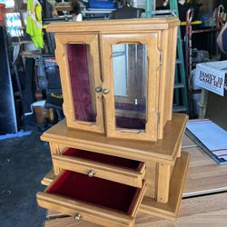 Vintage Solid Wood Glass Door Jewelry/Curio Cabinet w/ Drawers