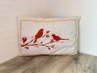 Vintage handmade embroidered white & reed orange bird decorative throw pillow 19x12.5
