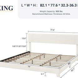 King Size Bed Frame with Adjustable Headboard, Faux Leather Platform Bed with Wood Slats, Heavy Duty Mattress Foundation, No Box Spring Needed, Noise-