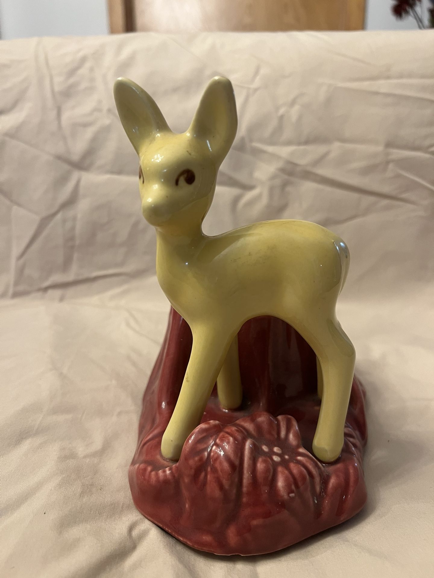 Vintage Shawnee Yellow & Burgundy USA Pottery Mid-Century Deer Planter