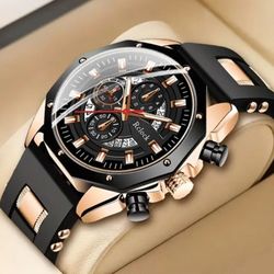4-Pcs Stylish High-End Men's Quartz Wrist Watch W/Date Display & Metal accents, Cross Pendant+Bracelet+Ring