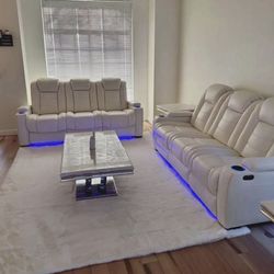 WHITE LEATHER COUCH SET & MARBLE TABLE SET & RUG