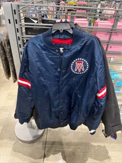 Starter Bomber Jacket Blue Satin Snap Front Lined Large, Barstool