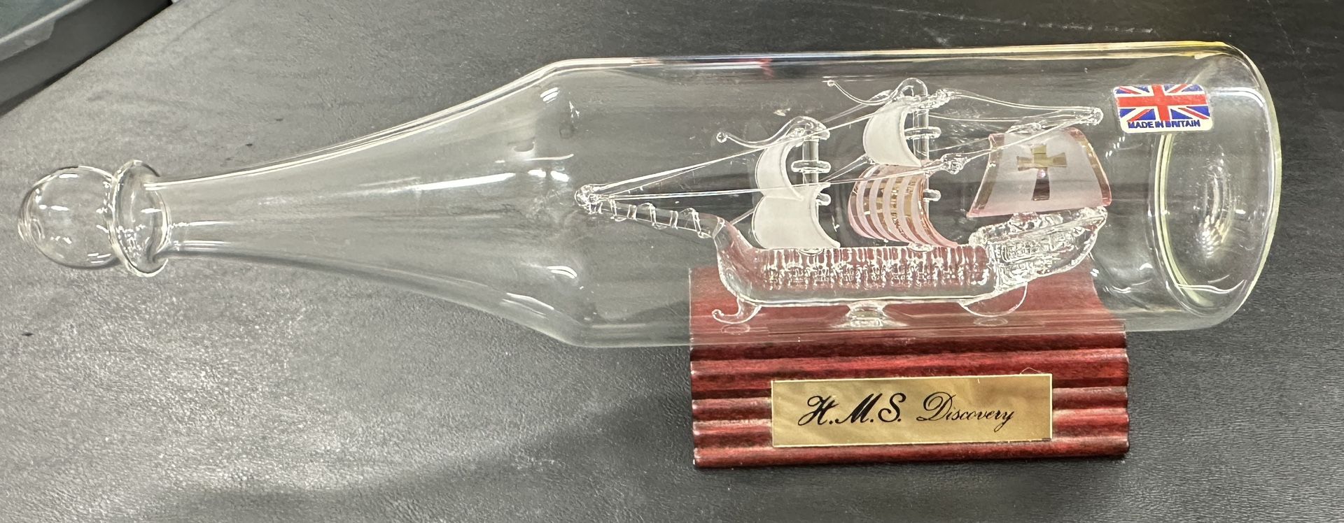 Vintage Nautical Glass H.M.S Discovery Ship In A Bottle Gold Detail Sail