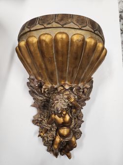 Cherub Angel Bronzed Gold Leaf Sconce Hanging Shelf Large 18" x 12" x 7.5"