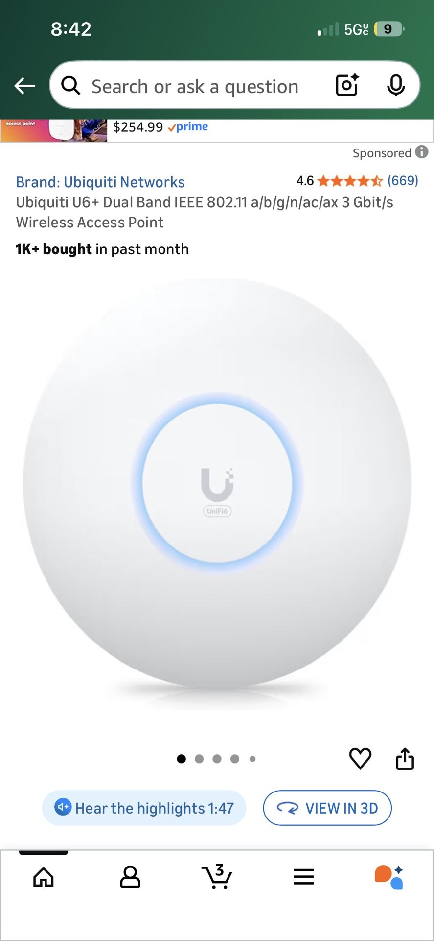Ubiquiti U6+ Dual Band IEEE 802.11 a/b/g/n/ac/ax 3 Gbit/s Wireless Access Point