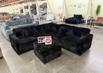 Black Corduroy Sectional Sofa with Ottoman