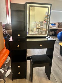 Black Vanity Desk with Mirror and Stool