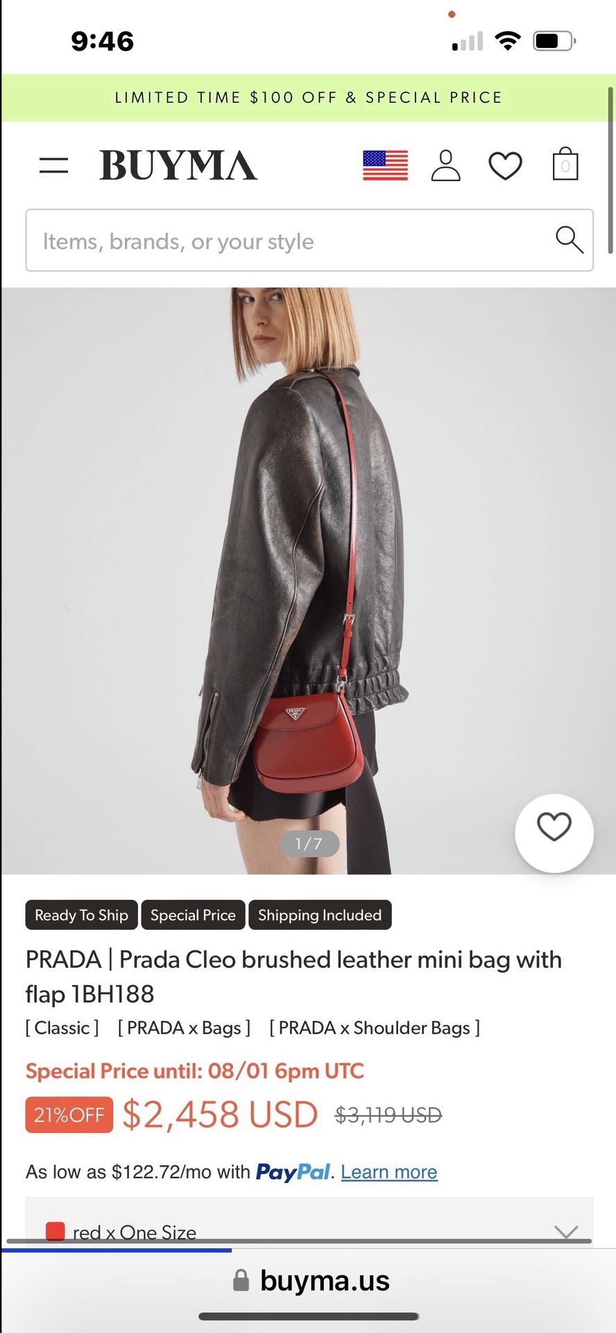 Prada Cleo Brushed Leather Mini Bag with Flap 1BH188, Red, One Size