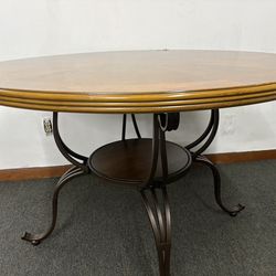 Round Wood Dining Table w/ Scroll Iron Base – 48” Accent Table