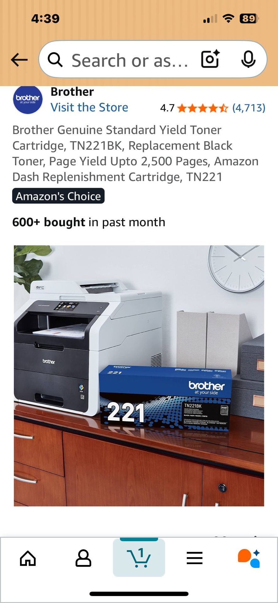 Brand New - Unopened! Brother Genuine Standard Yield Toner Cartridge, TN221BK, Replacement Black Toner, Page Yield Upto 2,500 Pages, Amazon Dash Reple