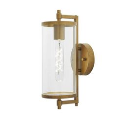 Lurelane 14 in. Medium Modern 1-Light Antique Brass Hardwired Outdoor Cylinder Wall Lantern Sconce

