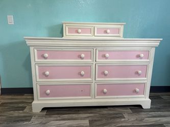 White and Pink Wood Dresser with Hutch