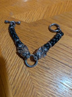 men's double big cat head braided leather bracelet