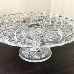 Vtg. 1960s Etched Pressed  Glass Cake Plate 9.75” Diameter Cookie Pie Dessert Display Pedestal Stand 
